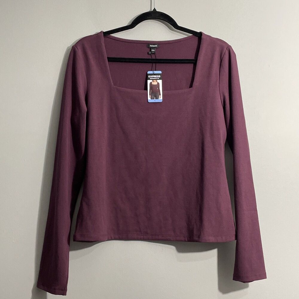 Express Square Neck Long Sleeve Cropped Top Burgundy Size L NWT